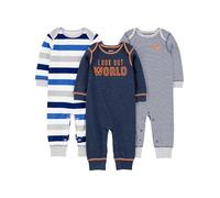 Simple Joys by Carter's Baby Boys' 3-Pack Jumpsuits Romper, Grey Heather Rugby Stripe/Navy Text Print/White Stripes, 12 Months (Pack of 3)