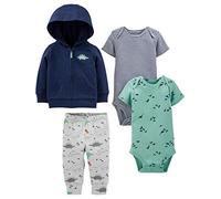 Simple Joys by Carter's Baby Boy's 4-Piece Jacket, Pant, and Bodysuit Set Layette, Dark Blue/Green/Grey Dinosaur/Navy Stripes, 0 Months