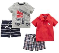 Simple Joys by Carter's Baby Boys' 4-Piece Playwear Set Shorts, Grey Firetruck/Navy Double Stripe/Red Dog/Plaid, 0 Months