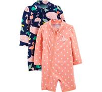 Simple Joys by Carter's Baby Girls' 2-Pack 1-Piece Zip Rashguards One Swimsuit, Navy Sea Friends/Peach Dots, 18 Months (Pack of 2)
