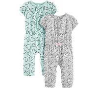 Simple Joys by Carter's Baby Girls' 2-Pack Fashion Jumpsuits, Mint Green Hearts/White Dots, 3-6 Months (Pack of 2)