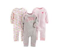 Simple Joys by Carter's Baby Girls' 3-Pack Jumpsuits Rompers, Grey Hearts/Pink Floral/White Stripes, 0 Months (Pack of 3)