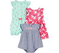 Simple Joys by Carter's Baby Girls' 3-Pack Romper, Sunsuit and Dress, Mint Green Cherry/Navy Stripe/Pink Floral, Newborn