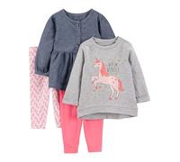 Simple Joys by Carter's Baby Girls' 4-Piece Long-Sleeve Shirts and Trousers Playwear Set, Denim/Grey Unicorn/Light Pink/Pink, 12 Months