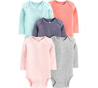 Simple Joys by Carter's Baby Girls' Long-Sleeve Bodysuit, Pack of 5, Grey/Mint Green/Navy/Peach/Pink, Premature