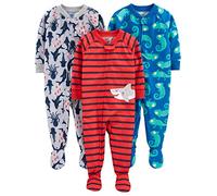 Simple Joys by Carter's Boys' 3-Pack Loose Fit Flame Resistant Polyester Jersey Footed Pajamas Baby and Toddler Sleepers, Blue Chameleon/Grey Shark/Red Stripes, 6-9 Months (Pack of 3)