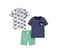 Simple Joys by Carter's Boys' 3-Piece Button-Up, Shorts, and Tee Playwear Set, Green/Grey Monster Trucks/Navy Stripes, 3 Years