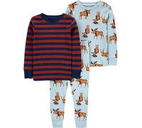 Simple Joys by Carter's Boys' 3-Piece Snug-fit Cotton Christmas Pajama Set, Burgundy Stripes/Light Blue Moose, 2 Years (Pack of 3)