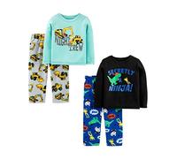Simple Joys by Carter's Boys and Toddlers' 4-Piece Pajama Set (Cotton Top & Fleece Bottom), Aqua Blue Trucks/Black Dinosuar/Cobalt Blue/Grey Construction, 4 Years
