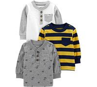Simple Joys by Carter's Boys' Long-Sleeved Shirts, Pack of 3, Grey Dinosaur/White/Yellow Stripes, 4 Years