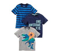 Simple Joys by Carter's Boys' Short-sleeve Shirts, Pack of 3, Blue Stripes/Grey Dinosaur/Navy Text Print, 4 Years