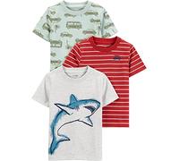 Simple Joys by Carter's Boys' Short-Sleeve Shirts, Pack of 3, Light Green Cars/Red Stripes/White Shark, 5