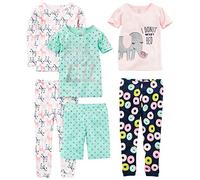 Simple Joys by Carter's Girls' 6-Piece Snug-Fit Cotton Pyjama Set, Pack of 3, Green Dots/Navy Donut/Pink Elephant/White Zebra, 6 Years