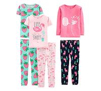 Simple Joys by Carter's Girls' 6-Piece Snug-Fit Cotton Pyjama Set, Pack of 3, Green Strawberries/Navy/Pink Flamingo/Rose Llama Print, 6 Years