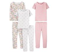 Simple Joys by Carter's Girls' 6-Piece Snug-Fit Cotton Pyjama Set, Pack of 3, Grey Dots/Pink Stripes/White Ditsy Floral, 4 Years