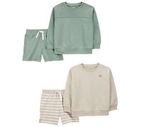 Simple Joys by Carter's Toddler Boys' 4-Piece French Terry Long-Sleeved Shirts and Shorts Playwear Set, Pack of 4, Beige Stripes/Bottle Green, 4 Years