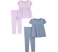 Simple Joys by Carter's Toddler Girls' 4-Piece Short-Sleeved Shirts and Trousers Playwear Set, Pack of 2, Blue Stripes/Lilac Fruit, 2 Years