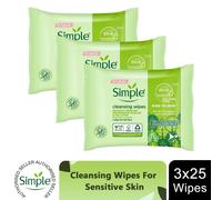 Simple Kind to Skin, Cleansing Wipes For Sensitive Skins, 3 Packs of 25 Wipes