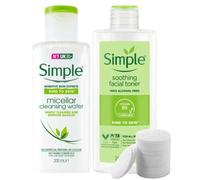 Simple Kind to Skin Kit Contains Soothing Facial Toner & Micellar Cleansing Water (2 x 200ml) With Facial Cotton Wool Round Pads, Makeup Remover