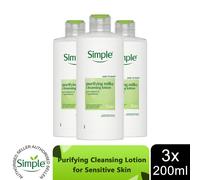 Simple Kind to Skin Purifying Cleansing Lotion - No-Rinse Face Cleanser and Makeup Remover For Sensitive Skin, With Glycerin, Vitamin B5 & E for Softer & Smoother Skin 200 ml