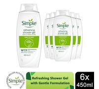 Simple Kind to Skin Refreshing Shower Gel pack of 6 body wash with natural cucumber extract for dry skin 450 ml, White
