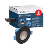 Simple Lighting® Pack of 5 Fir LED Downlights, Matt Black, 6W 600lm, CCT Adjustable (3000K/4000K/6000K), IP65 Waterproof, Dimmable, 55-70mm Cut-Out