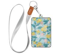 Simple Line Flower Yellow Blue Leather Vertical Badge Holder with Lanyard and 3-Card Capacity id Holder for Staffs Officers Students Doctors Employees