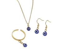 Simple Lucky Blue Evil Eyes Necklace Earrings Ring Stainless Steel Set | Minimalist Enamel Round Turkish Charm Hook Dangle Finger Rings Pendant Necklaces Fashion Amulet Jewelry for Women Men