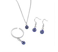Simple Lucky Blue Evil Eyes Necklace Earrings Ring Stainless Steel Set, One Size, Metal, No Gemstone