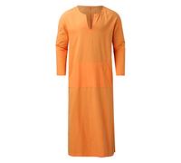 Simple Men's Kaftan Slim Fit Muslim Robes Cotton Linen Thobes Traditional Arabian Costume V-Neck Long Sleeve Thobe Medieval Tunic Comfortable Desert Dress Durable Everyday Wear Muslim Clothes