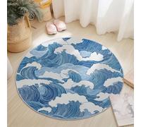 Simple Ocean Waves Rugs Round 120 cm Living Room Modern Non-Slip Area Rug, Round Machine Washable Floor Carpet, Low Pile Soft Circle Rug for Bedroom Kids Room Decor, Blue White