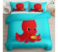 Simple Octopus Gold Coins Duvet Cover Set 260 x 220 cm Light Blue Reversible Cartoon Microfiber Bedding for Boys Girls, Hypoallergenic Super King Quilt Cover with 2 Pillowcase
