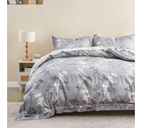 Simple&Opulence 100% Cotton Duvet Cover Set Queen Size, 3Pcs Grey Floral Botanical Printed Comforter Cover Set with Button Closure, Soft Breathable Bedding with Linen Trim for All Seasons