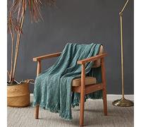 Simple&Opulence 100% Cotton Throw Blanket for Couch, Bed, Waffle Weave Cable Knit Blanket with Tassels, Soft Lightweight Pre-Washed Breathable Cozy Blanket Farmhouse Decoration for All-Season (Green)