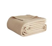 Simple&Opulence 100% Cotton Waffle Weave Blanket Queen Size 90"x90", 260GSM Pre-Washed Soft Cooling Lightweight Breathable All-Season Luxury Layer Blanket, Home Decor Gift for Adults Couch Bed, Khaki