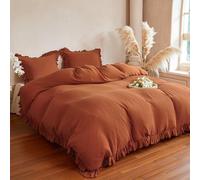 Simple&Opulence 100% Muslin Cotton Duvet Cover Set Twin Size, 2-Layer Gauze Ruffle Comforter Cover with Linen Like Texture, 3Pcs Breathable Soft Shabby Boho Chic Bedding for All Seasons(Burnt Orange)