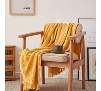 Simple&Opulence Cotton Muslin Throw Blanket for Bed, Couch, Knit Woven Gauze Blanket with Tassels, Soft Lightweight Cozy Pre-Washed Breathable Farmhouse Decoration for All-Season (Yellow)