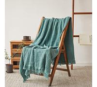 Simple&Opulence Cotton Muslin Throw Blanket for Bed, Couch, Knit Woven Gauze Blanket with Tassels, Soft Lightweight Cozy Pre-Washed Breathable Farmhouse Decoration for All-Season (Dark Green)