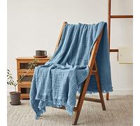 Simple&Opulence Cotton Muslin Throw Blanket for Bed, Couch, Knit Woven Gauze Blanket with Tassels, Soft Lightweight Cozy Pre-Washed Breathable Farmhouse Decoration for All-Season (Dusty Blue)