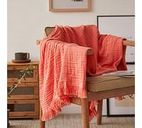 Simple&Opulence Cotton Muslin Throw Blanket for Bed, Couch, Knit Woven Gauze Blanket with Tassels, Soft Lightweight Cozy Pre-Washed Breathable Farmhouse Decoration for All-Season (Coral Red)