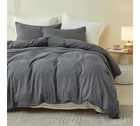 Simple&Opulence Double Duvet Cover Sets, 100% Washed Cotton Soft Cozy Quilt Cover, 3 Pcs Modern Linen-Look Bedding Set with Zipper Closure (Dark Grey,200x200cm)