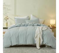 Simple&Opulence Double Duvet Cover Sets, 100% Washed Cotton Soft Cozy Quilt Cover, 3 Pcs Modern Linen-Look Bedding Set with Zipper Closure (Ice Blue,200x200cm)