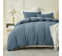 Simple&Opulence King Size Duvet Cover Sets, 100% Washed Cotton Soft Cozy Quilt Cover, 3 Pcs Modern Linen-Look Bedding Set with Zipper Closure (Blue,230x220cm)