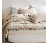 Simple&Opulence Linen Duvet Cover Set King, Cozy Breathable Blend Bedding Set with Bow Tie, Warm Autumn Quilt Cover, Luxury Hotel-Quality, Elegance & Romantic for Girls (Beige,230x220cm)