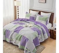 Simple&Opulence Quilted Patchwork Bedspread King Size, Bed Throw 3 Piece Bedding Set Includes Coverlet with 2 Pillowcase, Floral Patchwork Quilted Throw(240x260cm,Purple Green)