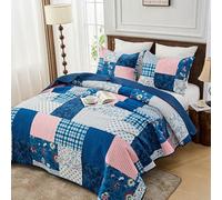 Simple&Opulence Quilted Patchwork Bedspread King Size, Bed Throw 3 Piece Bedding Set Includes Coverlet with 2 Pillowcase, Floral Patchwork Quilted Throw(240x260cm,Pinkish Blue)