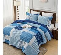 Simple&Opulence Quilted Patchwork Bedspread King Size, Bed Throw 3 Piece Bedding Set Includes Coverlet with 2 Pillowcase, Floral Patchwork Quilted Throw(240x260cm,Blue)