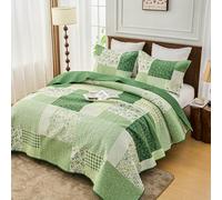Simple&Opulence Quilted Patchwork Bedspread King Size, Bed Throw 3 Piece Bedding Set Includes Coverlet with 2 Pillowcase, Floral Patchwork Quilted Throw(240x260cm,Green)