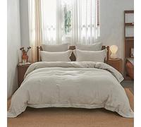 Simple&Opulence Super King Duvet Cover Sets, 100% Washed Linen Bedding with Embroidery Pillowcases, Warm Cozy Quilt Cover with Button Closure, 260cm x 220cm, Natural Linen