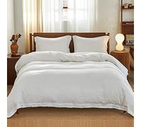 Simple&Opulence Super King Duvet Cover Sets, 100% Washed Linen Bedding with Embroidery Pillowcases, Warm Cozy Quilt Cover with Button Closure, 260cm x 220cm, White